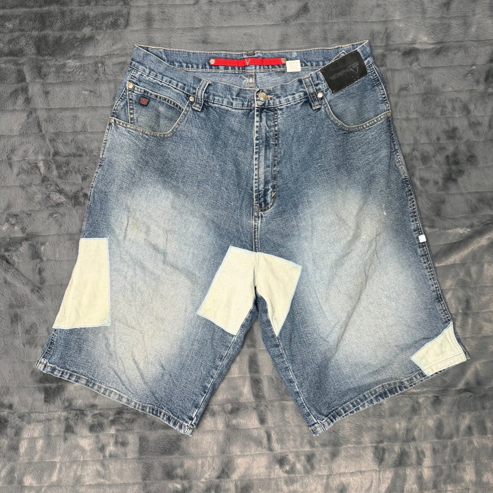 Vokal Mens Baggy Denim Shorts Blue Patchwork Y2K Streetwear Size 36